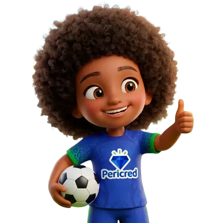 Menino animado com bola de futebol e joinha
